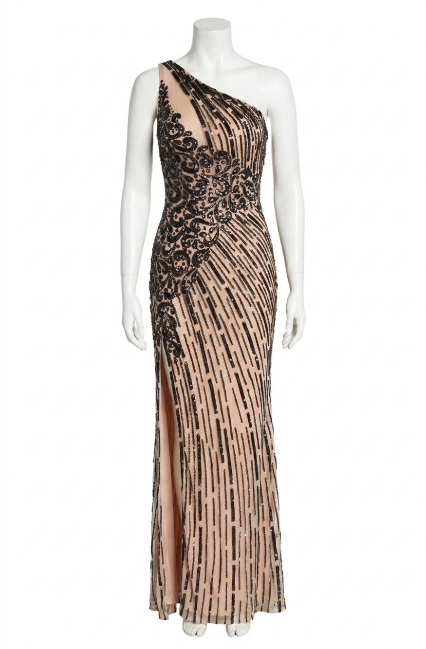 NEW RACHEL ALLAN high slit asymmetrical beaded gown in black nude